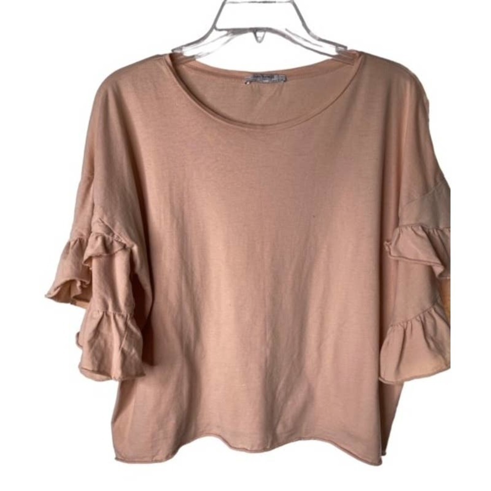 Zara trafaluc flutter ruffle sleeve top women’s size‎ S blush NWOTs